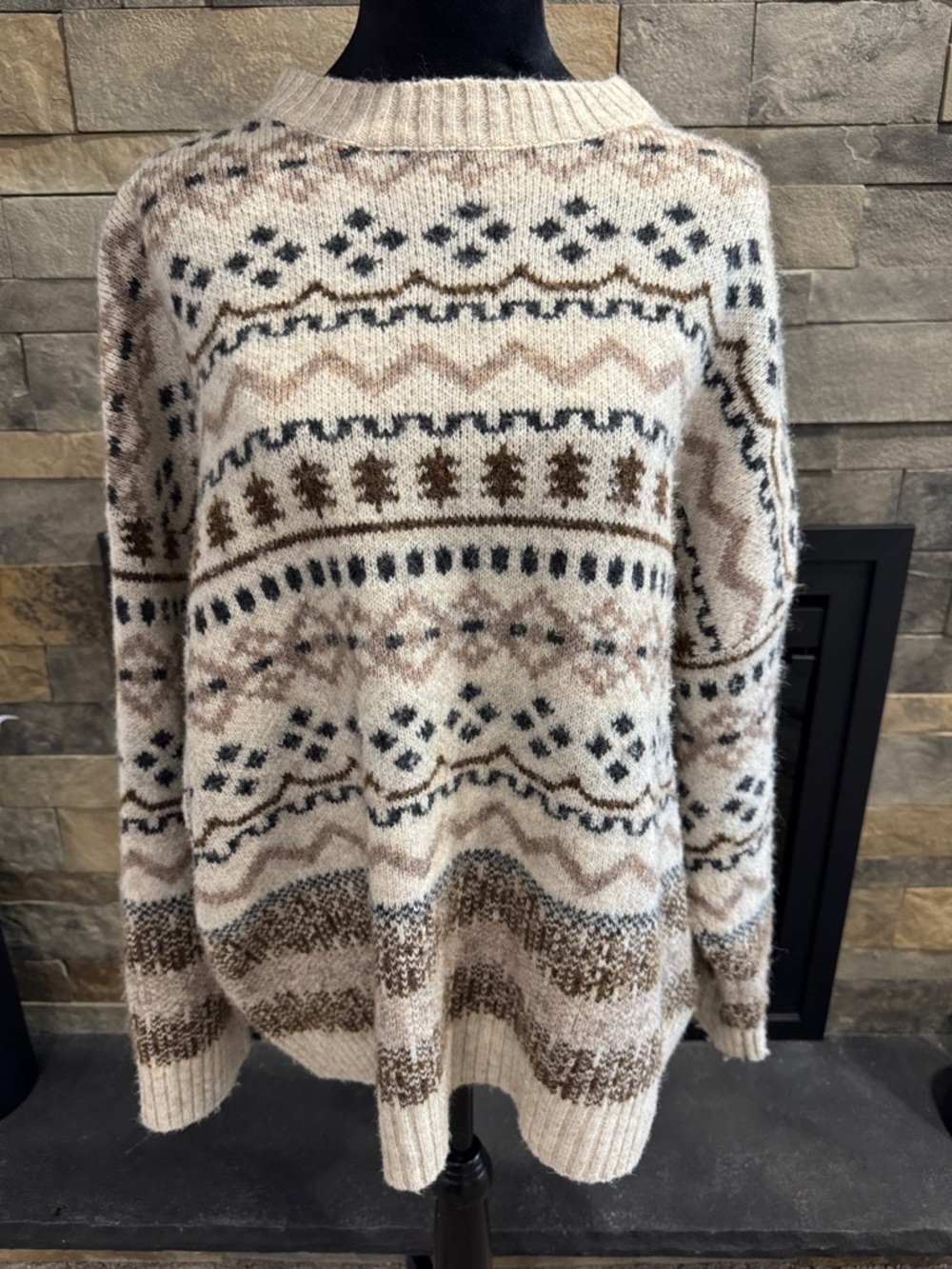 Gray Bandit Cozy Fair Isle Knit Sweater in Cream & Brown